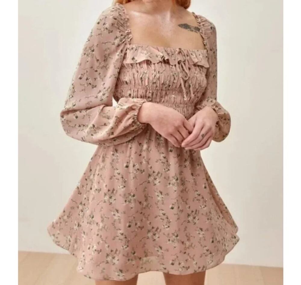Reformation Morris Dress Size 12 Long Sleeve Floral Mini Smocked